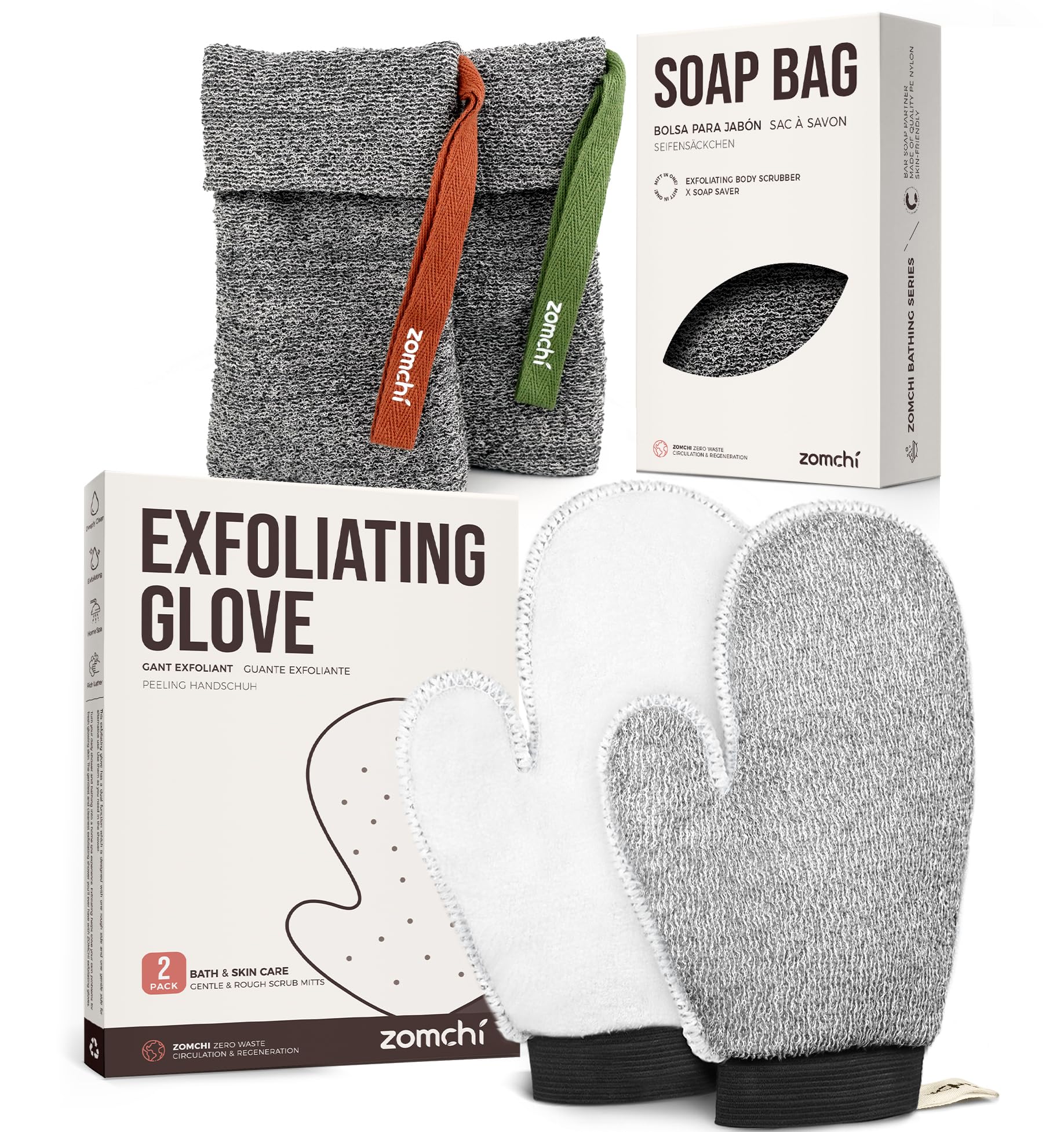 2 Pieces Soap Bags with 2 Pack Exfoliating Glove with Deep and Soft Sides