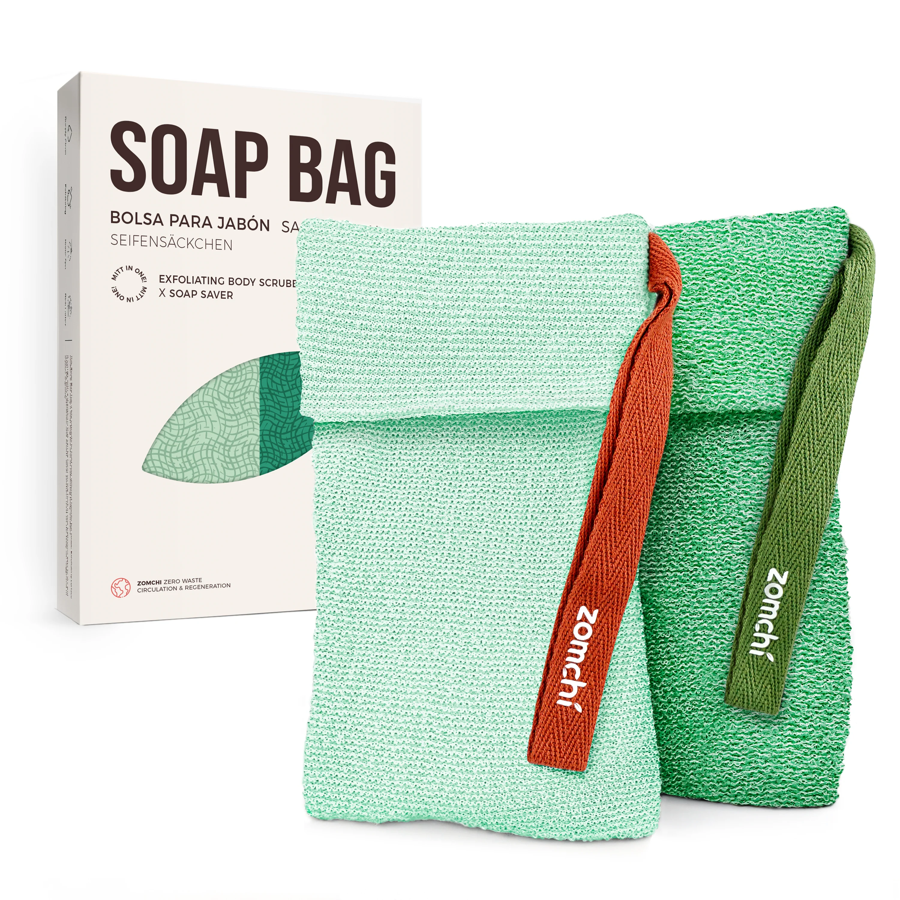 ZOMCHI 2 Pieces Bar Soap Saver Bags with Different Roughness, Exfoliating Soap Bags for Body Wash, Foaming Soap Holder for Shower (Mint)